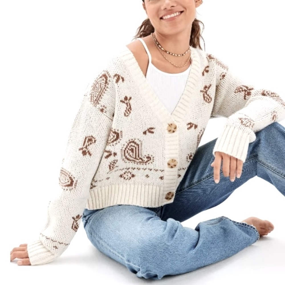 NWOT American Eagle Outfitters White & Brown Boxy Cardigan, size Small